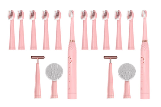 2Pcs Adults Sonic Electric Toothbrush Brushing Cleansing Massage 3-in-1 Multifunction Electric Toothbrushes Set-Pink