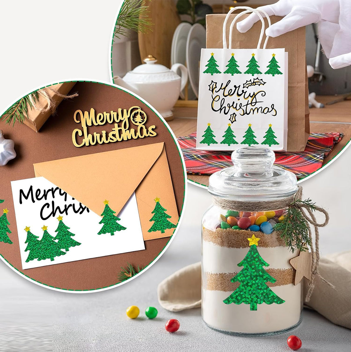 2 Rolls of 500 Christmas Holographic Stickers 3cm Diameter - Christmas Tree