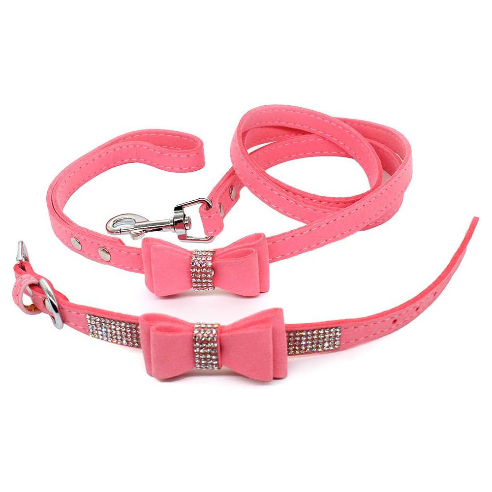 Dazzling Rhinestone Dog Collar and Leash Set with Bow Knot for Small Dogs and Puppies Pink
