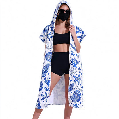 Adult Hooded Zip Up Swim Changing Robe Microfiber Beach Towel Poncho - Conch and Starfish