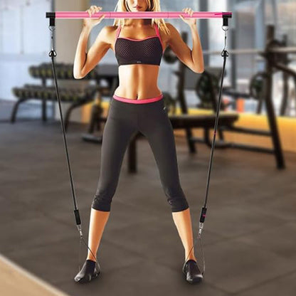 Multifunctional Pilates Bar Kit with Resistance Bands Portable Home Gym Core Strength Training Exercise Accessories Pink