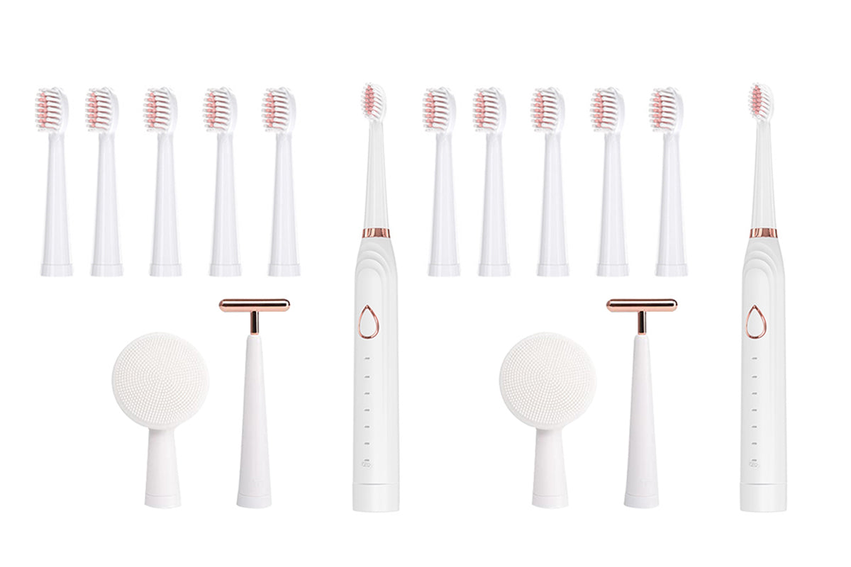 2Pcs Adults Sonic Electric Toothbrush Brushing Cleansing Massage 3-in-1 Multifunction Electric Toothbrushes Set-White