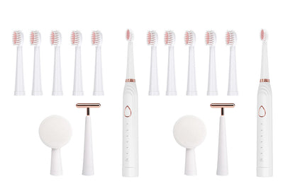 2Pcs Adults Sonic Electric Toothbrush Brushing Cleansing Massage 3-in-1 Multifunction Electric Toothbrushes Set-White