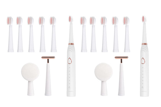 2Pcs Adults Sonic Electric Toothbrush Brushing Cleansing Massage 3-in-1 Multifunction Electric Toothbrushes Set-White