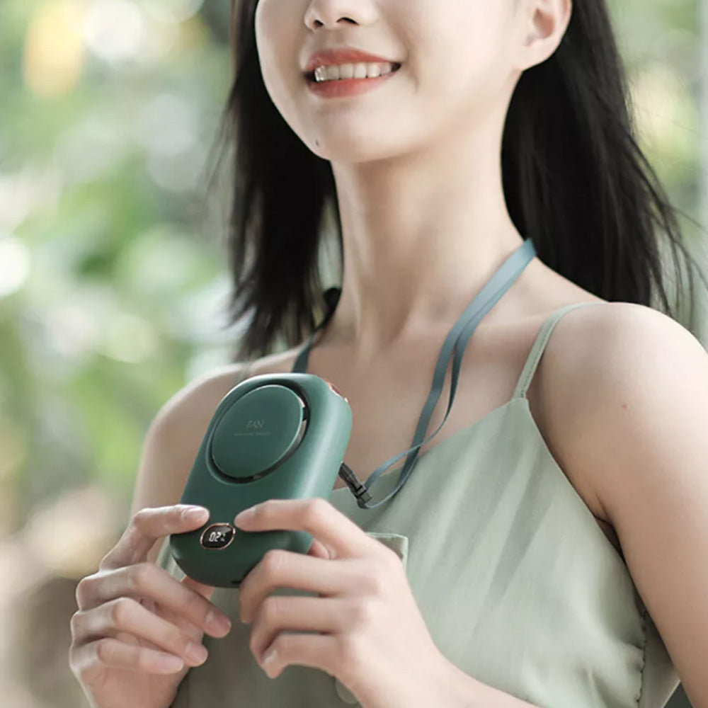 Portable Summer Cooling Fan with Lanyard USB Rechargeable Desk Fan Mini Cooling Travel Hanging Fan Green