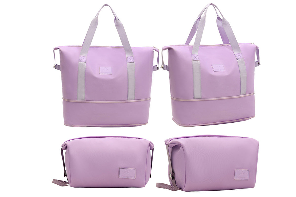 2Pcs Expandable Overnight Travel Duffel Bag Set Weekender Bag with Toiletry Bags -Purple
