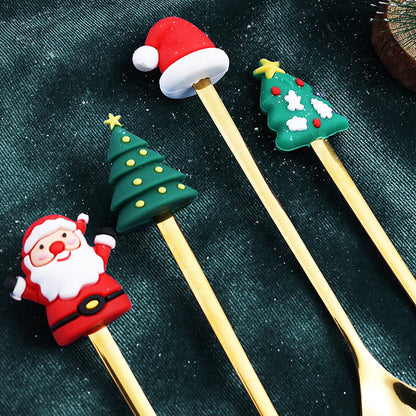6Pcs Christmas Cutlery Cake Dessert Coffee Stainless Steel Spoon Fruit Fork Tableware Style 3