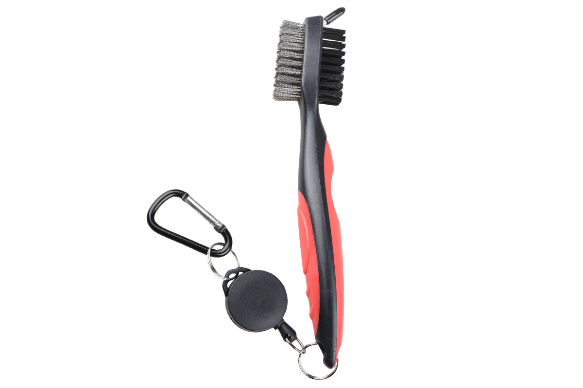 Dual Sided Golf Club Groove Cleaner Brush Tool with Retractable Carabiner -Red
