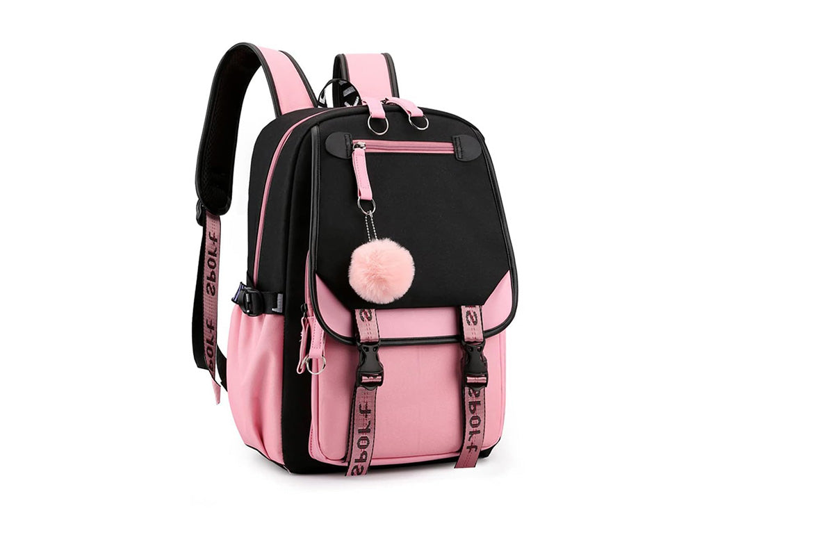 Girls Backpack Middle School Students Bookbag with USB Charge Port-Pink