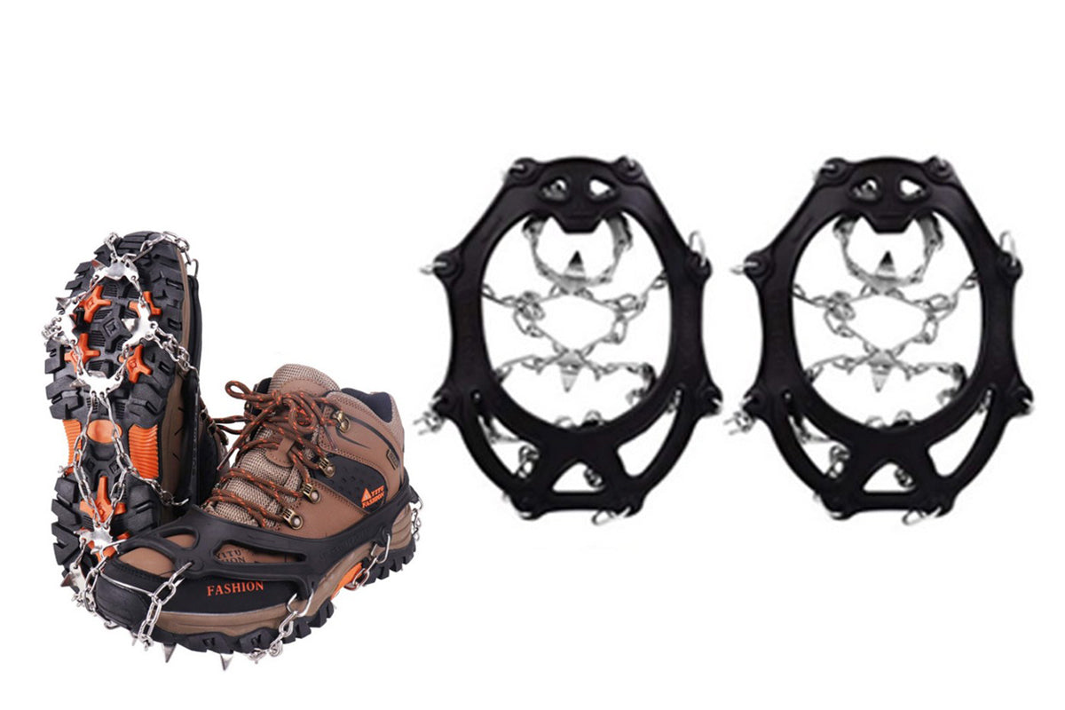2 Piece Traction Cleats Ice Snow Grips with 10 Stainless Steel Spikes - Black