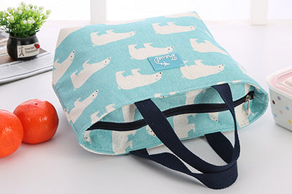 Cotton Insulated Lunch Bag for Work Travel Picnic-Light Blue