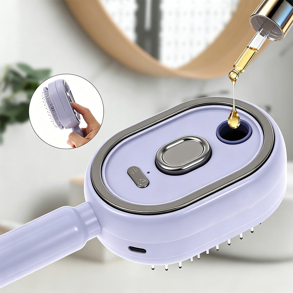 Electric Steam Hair Brush Mist Spray Cushion Comb for Smoothing Frizz-Purple