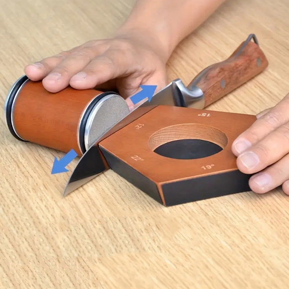 Rolling Knife Sharpener Kit with 6 Diamond Discs and Angle Guide Base - Brown Pentagon