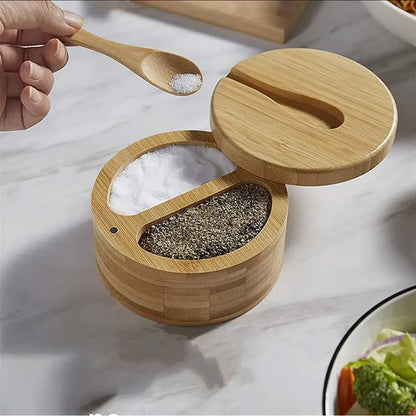 Bamboo Spice Container with Lid and Spoon for Storing Salt Pepper Sugar Herbs Small Spice Box Style 2