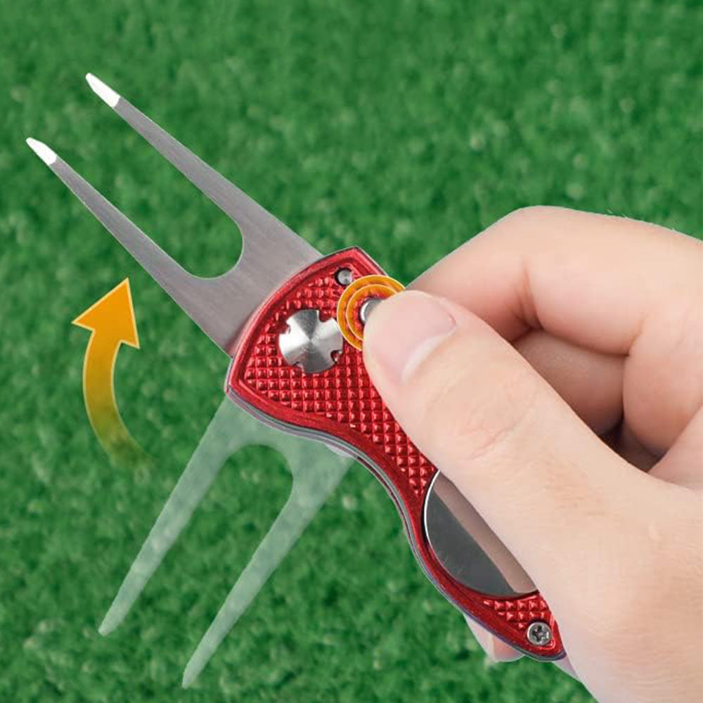 2PCS Magnetized Golf Divot Repair Tool with Pop-up Fork and Ball Marker Red