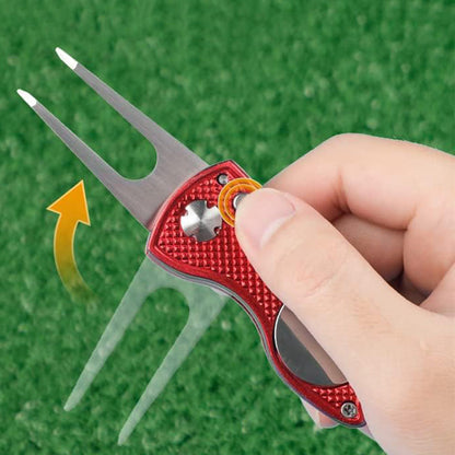 2PCS Magnetized Golf Divot Repair Tool with Pop-up Fork and Ball Marker Red