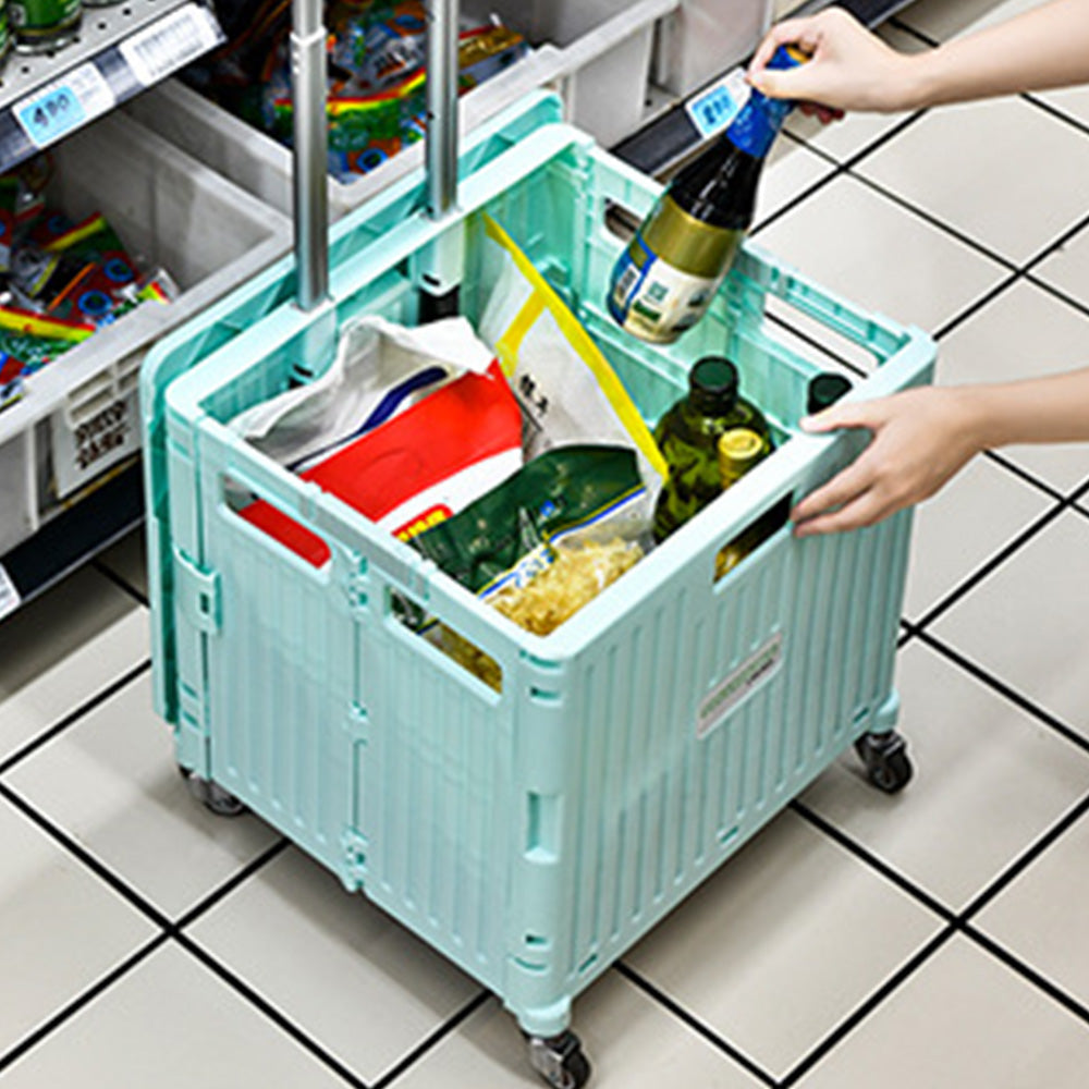 65L Folding Utility Cart Portable Rolling Crate Handcart Shopping Trolley with Lid Green