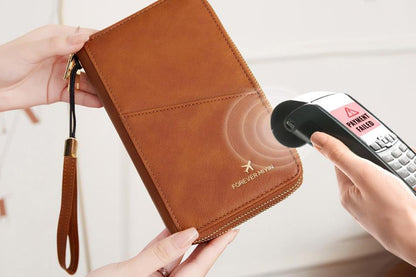 RFID Blocking Passport Wallet PU Document Organizer with Wristlet for Women -Brown