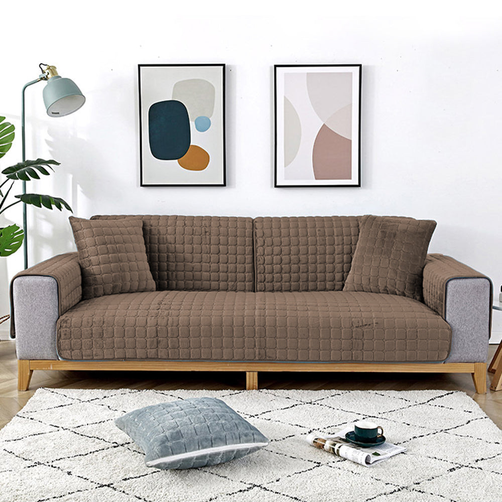 Universal Flannel Sofa Cushion Slipcover Non-Slip Thickened Sofa Cushion Towel Brown