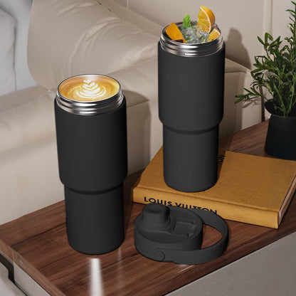 Dual Lid Tumbler with Straw 735ml Vacuum Insulated Water Bottle-Black