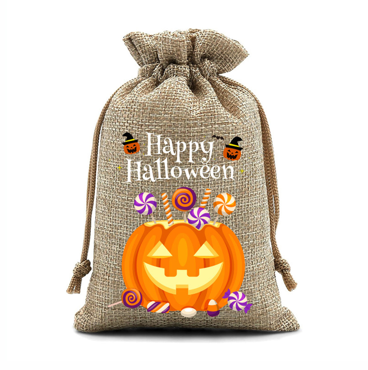 12 Pack Halloween Burlap Drawstring Gift Bags with Pumpkin Ghost Designs - Beige