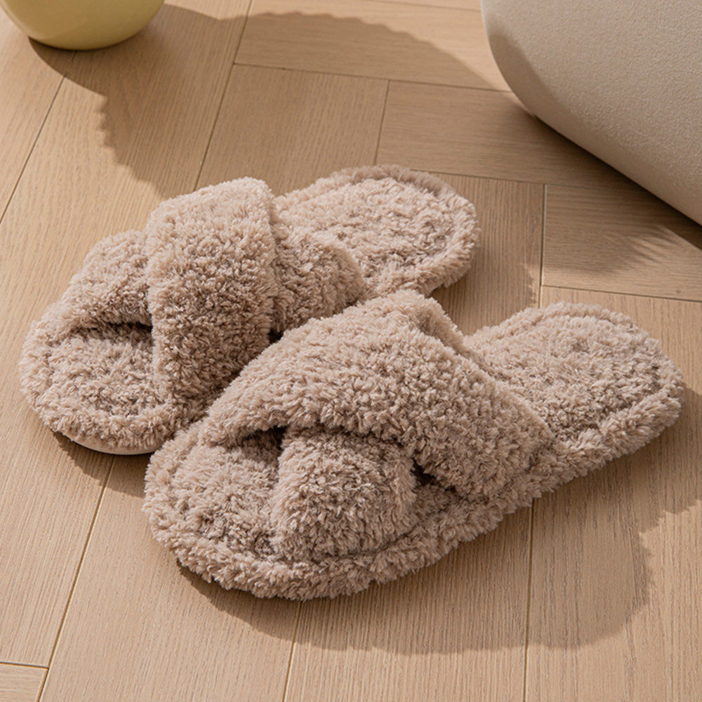 Women Fuzzy Cross Band Slippers Plush Indoor House Shoes Non Slip-Coffee