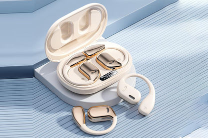 Bluetooth 5.4 Headphones TWS HiFi Stereo Earbuds Over Ear Ear Buds IP6 Waterproof Wireless Earphones LED Display Headset for Gym-Beige