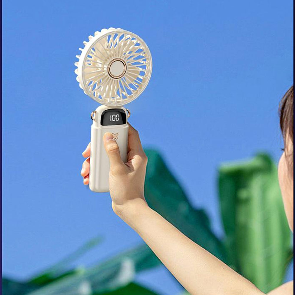 Portable Handheld Fan with LED Display 5-Speed Cooling Hand Fan Foldable for Outdoor Travel Camping Beige