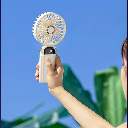 Portable Handheld Fan with LED Display 5-Speed Cooling Hand Fan Foldable for Outdoor Travel Camping Beige