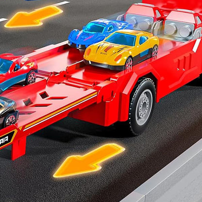 Large Dual Track Transporter Truck Toy Set with 6 Alloy Racing Cars - Red