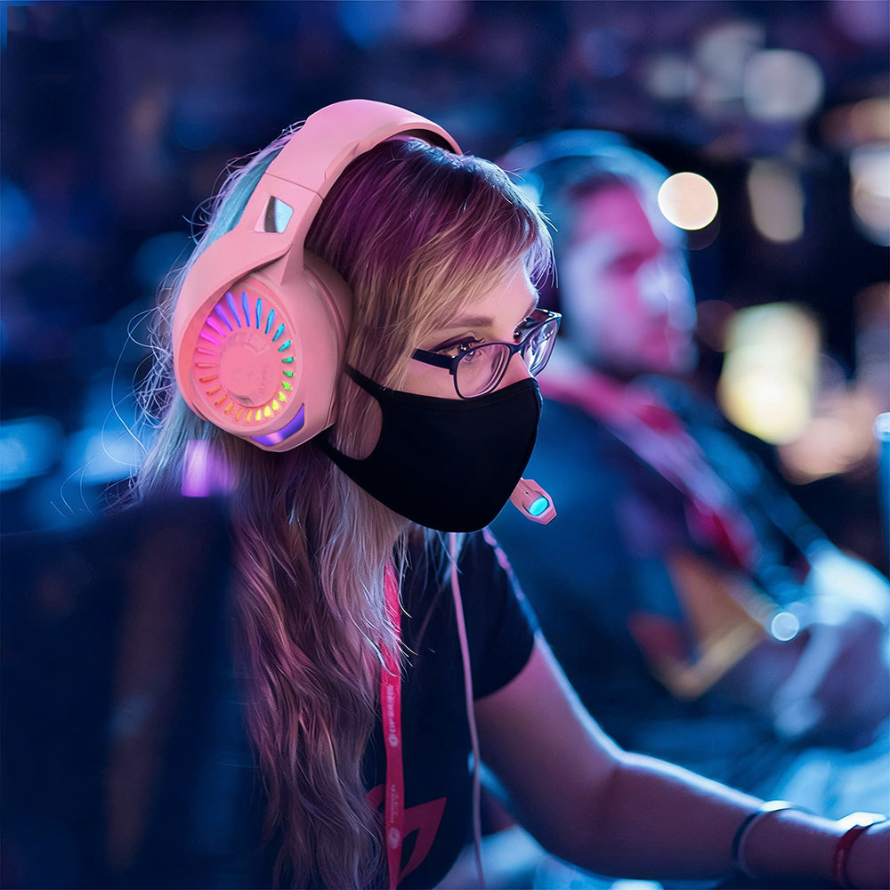 Wired Over-Ear Gaming Headset with LED RGB Lights and Mic -Pink