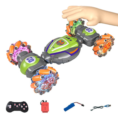 Gesture Sensing RC 4WD Twist Stunt Car Toy 2.4G Remote Control Rotating Car Toy with Lights Music Green