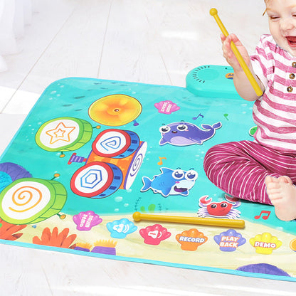 2-in-1 Piano Drum Mat Music Touch Music Mat Toys with 6 Instrument Sounds for Kids Blue