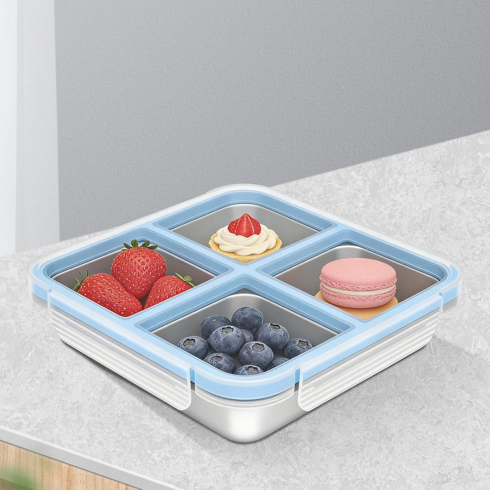 2Pcs Stainless Steel Snack Box With 4 Compartments Divided Meal Prep Container-Blue