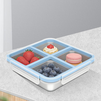 2Pcs Stainless Steel Snack Box With 4 Compartments Divided Meal Prep Container-Blue