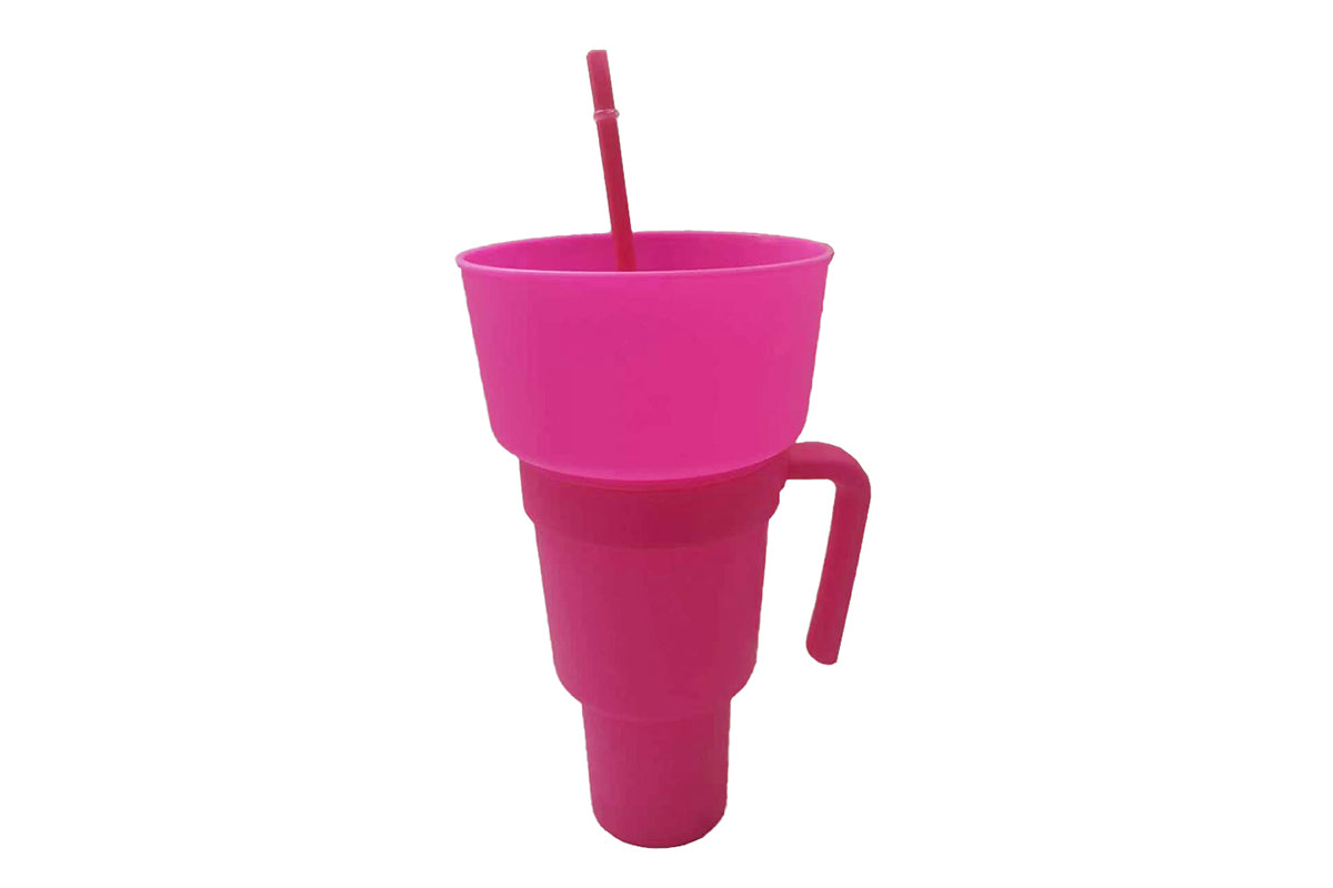 Reusable Tumbler Popcorn Cup Beverage Snack Multifunctional Split Cup With Straw-Pink