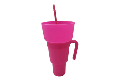 Reusable Tumbler Popcorn Cup Beverage Snack Multifunctional Split Cup With Straw-Pink