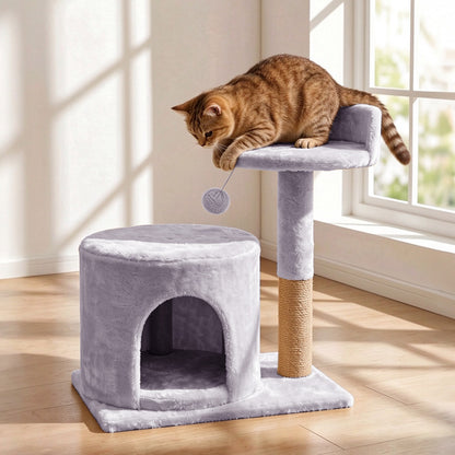 Small Cat Tree Tower with Enclosed Condo Scratching Post and Hanging Toy - Light Grey