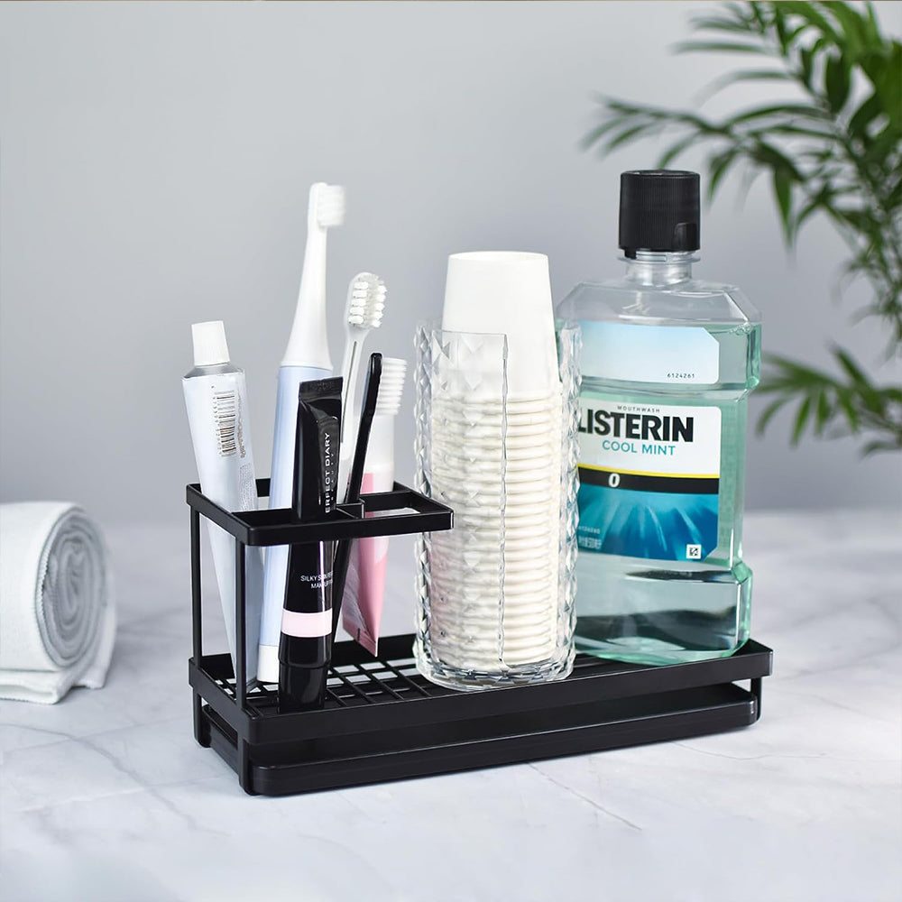 Bathroom Toothbrush Holders Metal Tooth Brush Toothpaste Organizer with Drainage Black