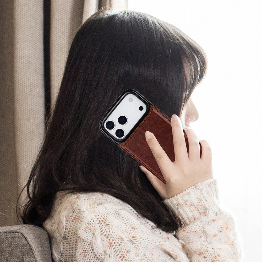 Leather Wallet Case for iPhone 17 Series Double Magnetic Flip Closure Full Body Drop Protection-Brown