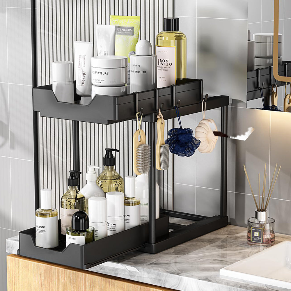 2-Tier Double Sliding Under Sink Organizers Bathroom Cabinet Shelf Organizer Storage Rack Black