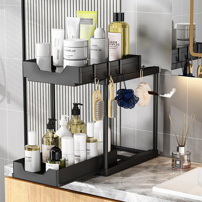2-Tier Double Sliding Under Sink Organizers Bathroom Cabinet Shelf Organizer Storage Rack Black