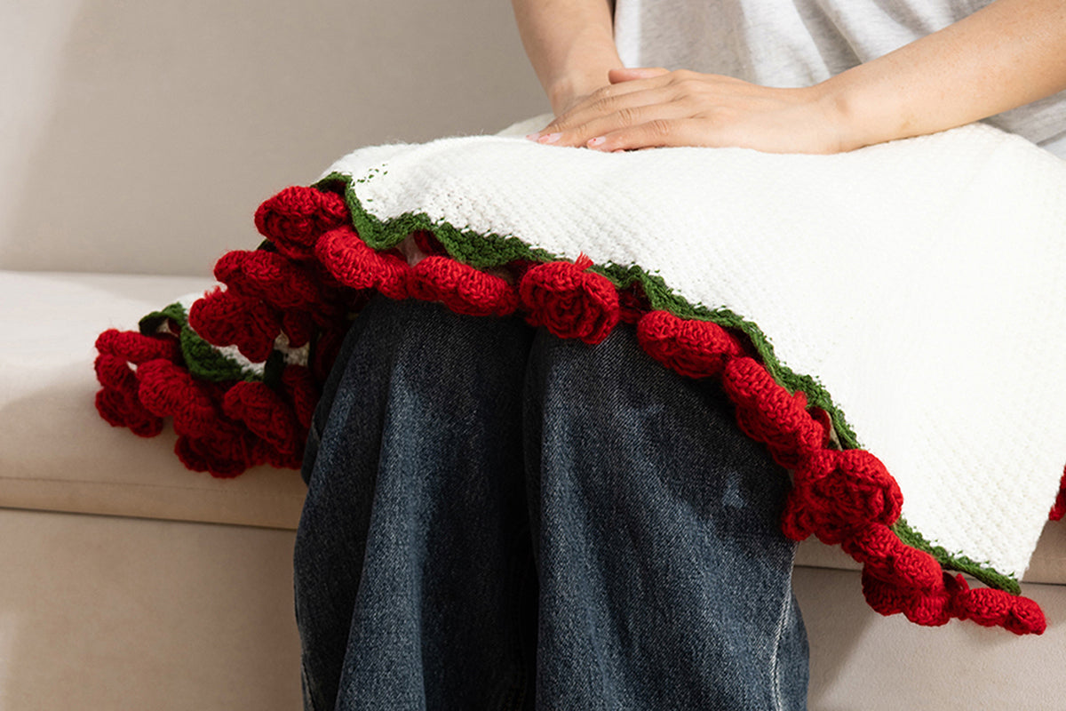 Handmade Knitted Flowers Rose Bouquet Blanket Knitted Throw Blanket -Red Camellia