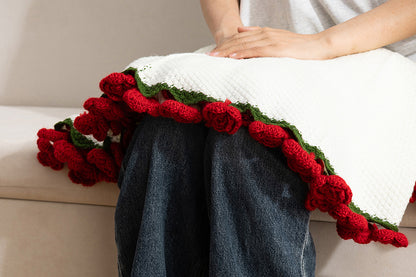 Handmade Knitted Flowers Rose Bouquet Blanket Knitted Throw Blanket -Red Camellia