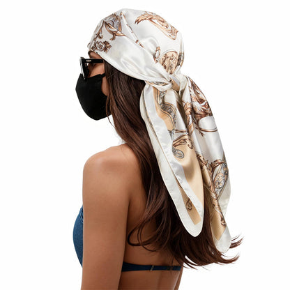 90cm Square Head Scarf Printed Satin Hair Scarf Bandanas for Women-Beige
