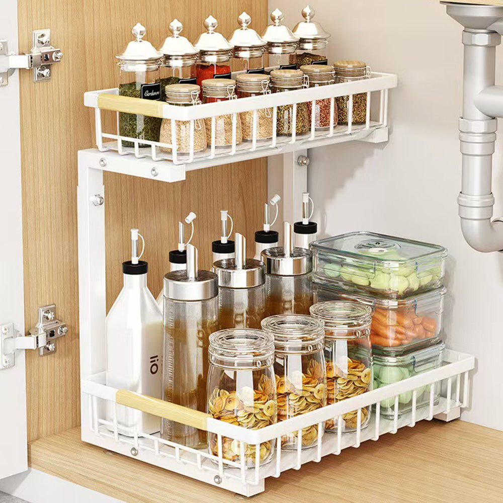 Under Sink Organizer 2 Tier Pull Out Cabinet Storage Slide Out Shelf Metal Sliding Drawer-White