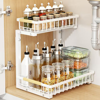 Under Sink Organizer 2 Tier Pull Out Cabinet Storage Slide Out Shelf Metal Sliding Drawer-White