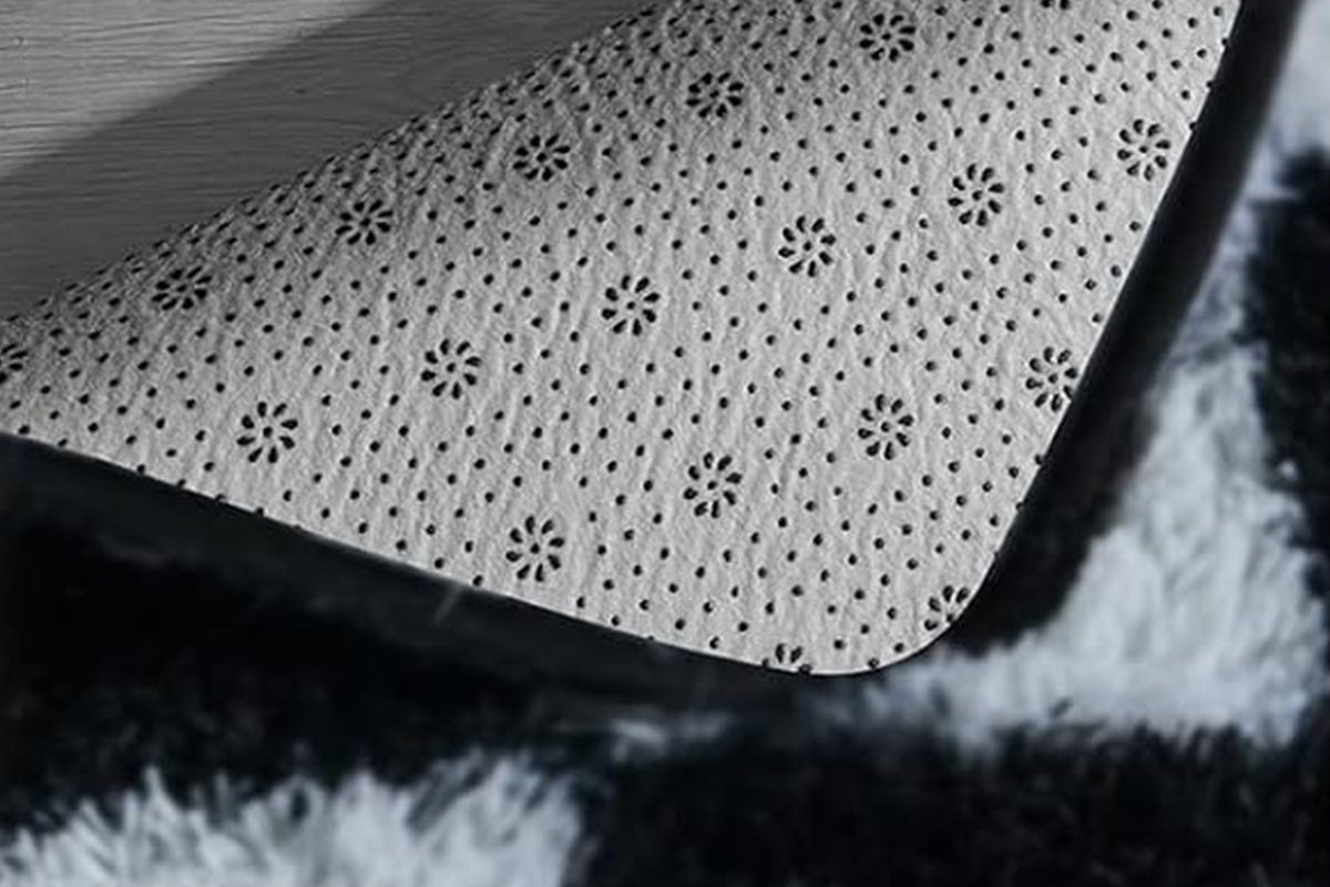 Checkered Plush Shaggy Rug Non Slip Carpet - Black