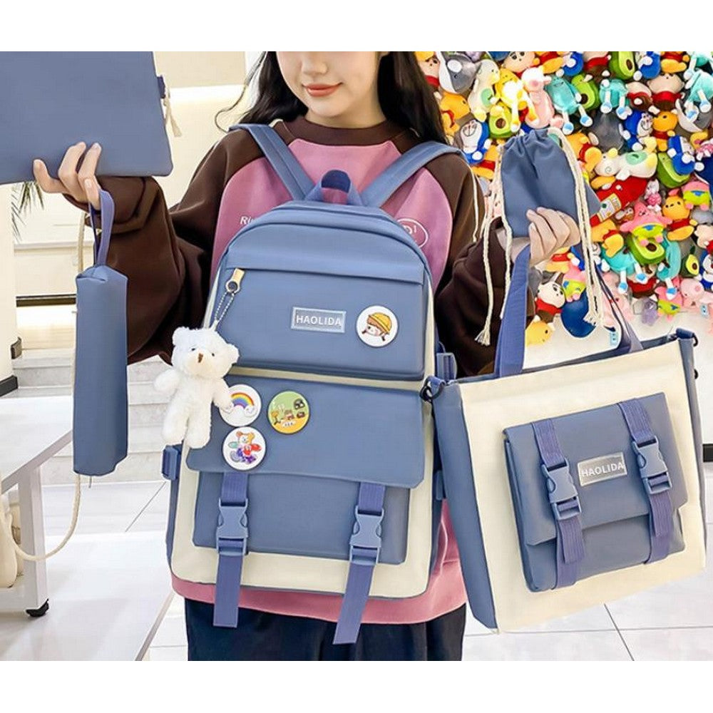 5Pcs Backpack Set for Girls with Tote Bag for Primary Elementary High School-Blue