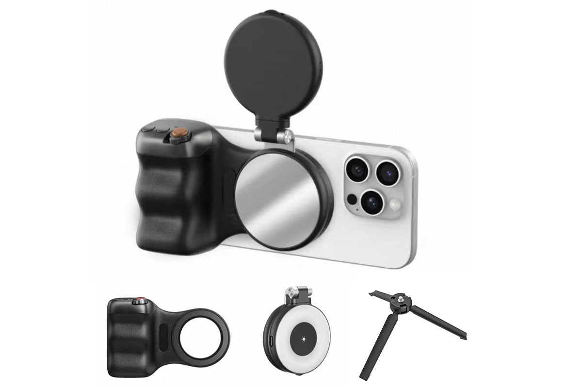 Phone Camera Grip with Selfie Light and Tripod for Photography TikTok-Black